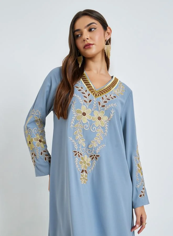 Amirah  Blue Embroidered V Neck Jalabiya for Women | Best Price UAE