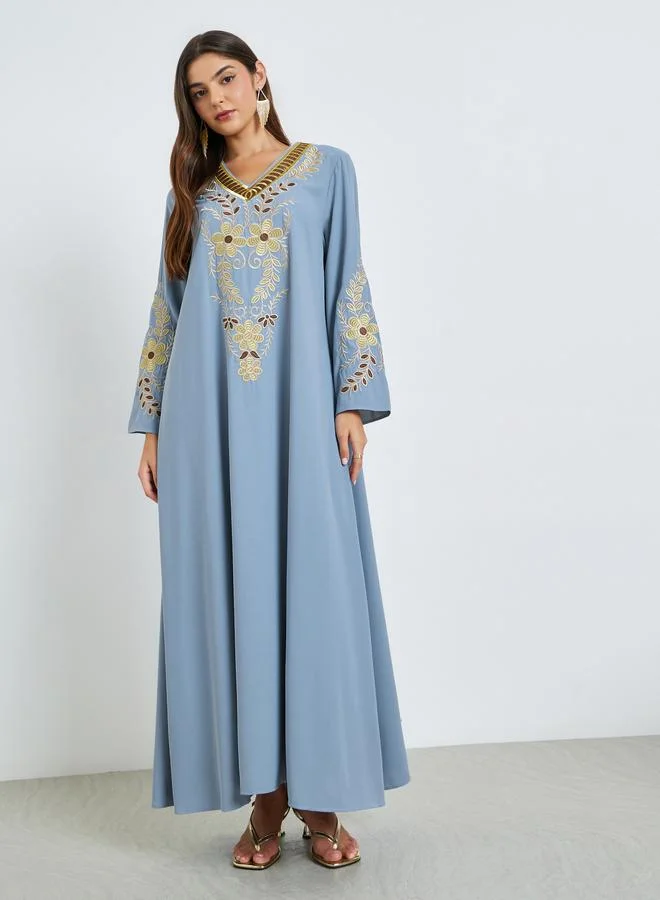 Blue Embroidered V Neck Jalabiya