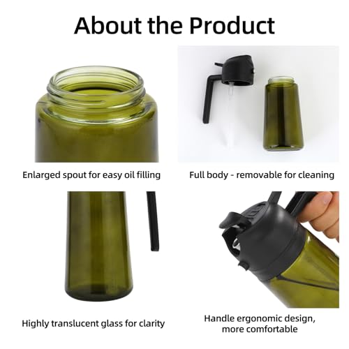 Aovdy Olive Oil Sprayer for Cooking, 2 In 1 Glass Oil Dispenser 16oz- 470ml Premium Spray Bottle for Kitchen Gadgets and Air Fryer Accessories, Salad, BBQ - Dark Green - Image 2