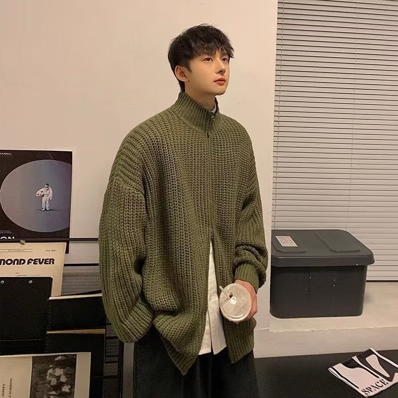 Dark green knitted cardigan coat autumn and winter ruoshuai casual loose high-grade double zipper stand collar sweater all-matching Green  - Image 1