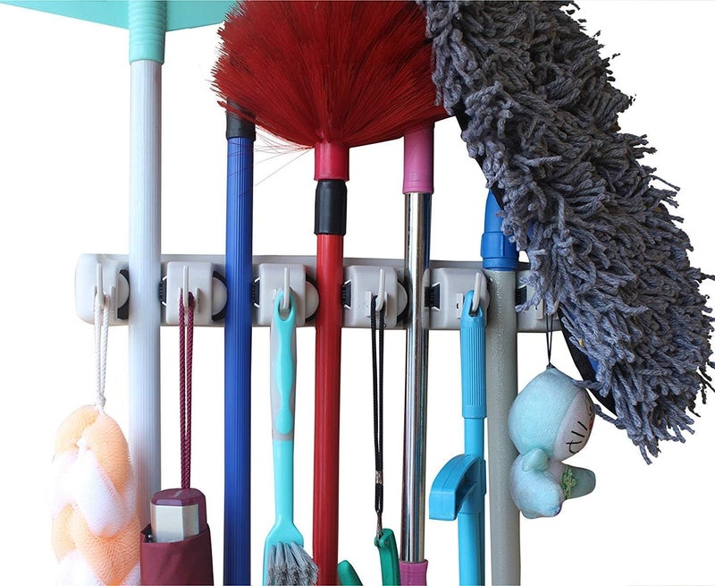 RASIKVAR Broom and Mop Holder 5 Position with 6 Hooks Tools Wall Mounted Commercial Upgraded Organizer Space Saving Storage Rack for Home Kitchen Garden and Garage Laundry Offices (1) - Image 1