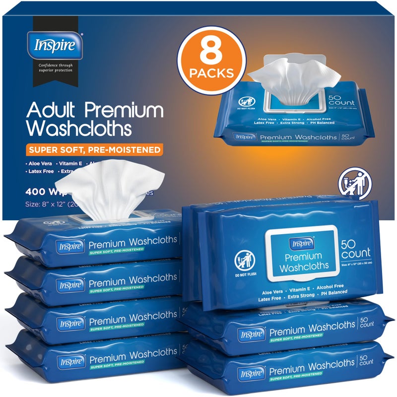 Inspire Adult Wet Wipes, Wash Cloths, Incontinence & Cleansing for Elderly Extra Large, 8"x12" (Pack of 8) - Image 1