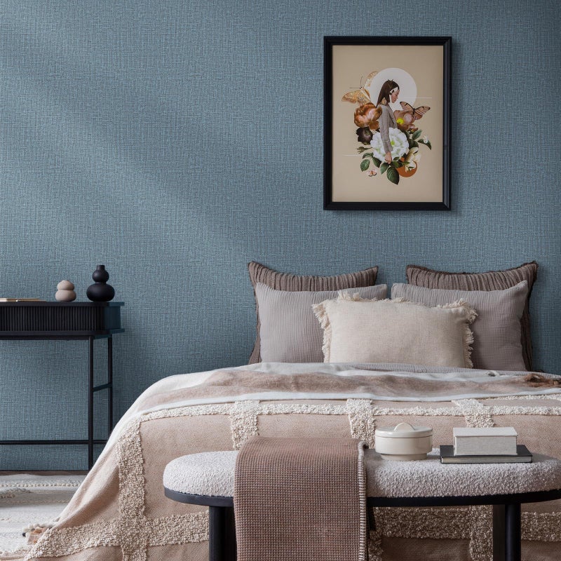 WADILE Grasscloth Peel and Stick Wallpaper 15.7in x 78.7in, Textured Contact Paper for Cabinets, Faux Linen Wall Paper Pull and Stick, Fabric Vinyl Wallpaper Self Adhesive Navy Blue - Image 2