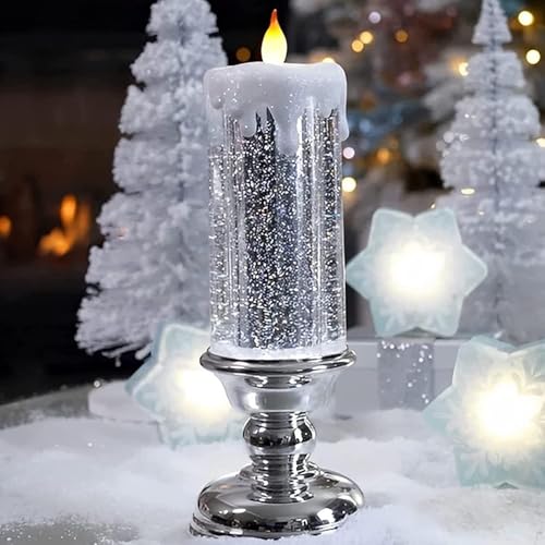 YumSur Christmas Candles with Pedestal 7 Color Changing USB Rechargeable or Battery Color Changing Waterproof Rotating Glitter Flameless Candles for Christmas Party Home Decor Silver - Image 1