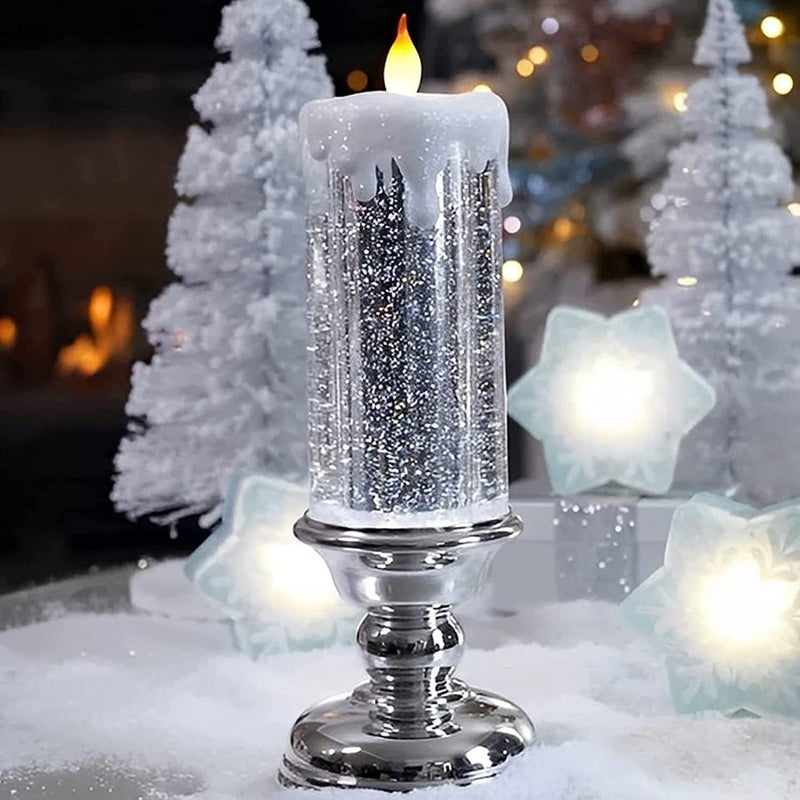YumSur Christmas Candles with Pedestal 7 Color Changing USB Rechargeable or Battery Color Changing Waterproof Rotating Glitter Flameless Candles for Christmas Party Home Decor Silver - Image 2