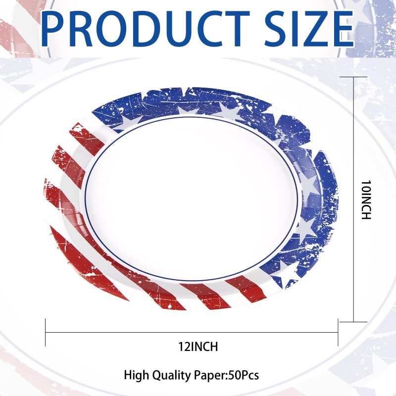 Grencian 50Pcs 4th of July Oval Paper Plates 10"" x 12"" Large Heavy Duty Disposable American Flag Patriotic Platters Red Blue White Dessert Plate for Independence Memorial Day Veterans Party Supplies - Image 2