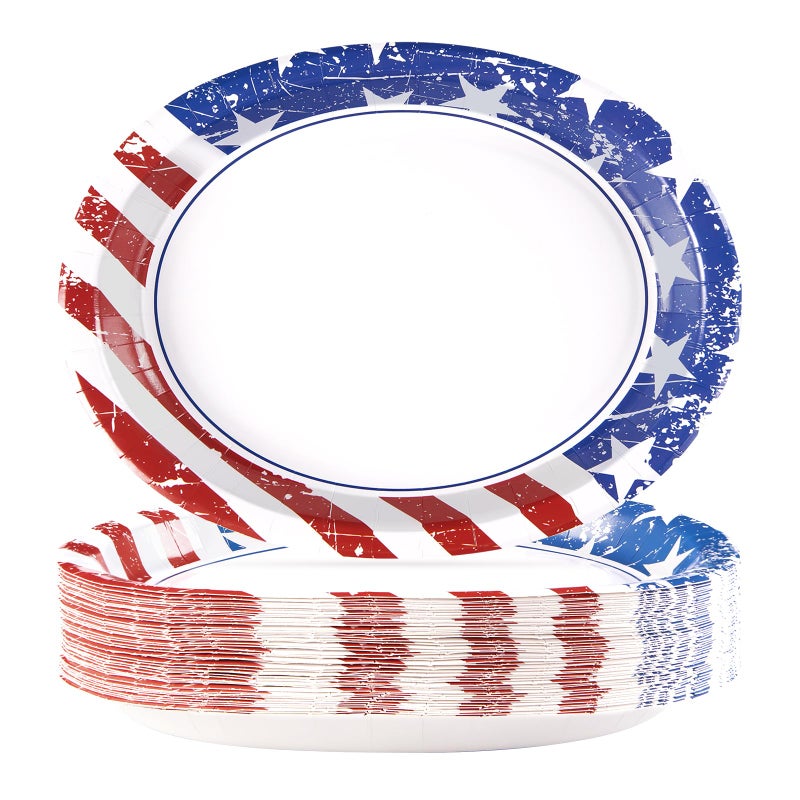 Grencian 50Pcs 4th of July Oval Paper Plates 10"" x 12"" Large Heavy Duty Disposable American Flag Patriotic Platters Red Blue White Dessert Plate for Independence Memorial Day Veterans Party Supplies - Image 1