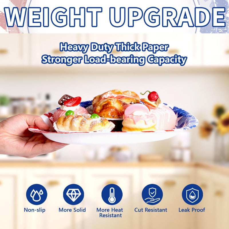 Grencian 50Pcs 4th of July Oval Paper Plates 10"" x 12"" Large Heavy Duty Disposable American Flag Patriotic Platters Red Blue White Dessert Plate for Independence Memorial Day Veterans Party Supplies - Image 4