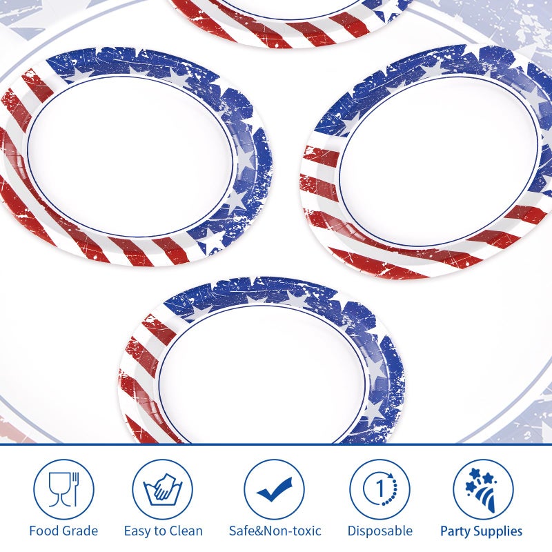 Grencian 50Pcs 4th of July Oval Paper Plates 10"" x 12"" Large Heavy Duty Disposable American Flag Patriotic Platters Red Blue White Dessert Plate for Independence Memorial Day Veterans Party Supplies - Image 3