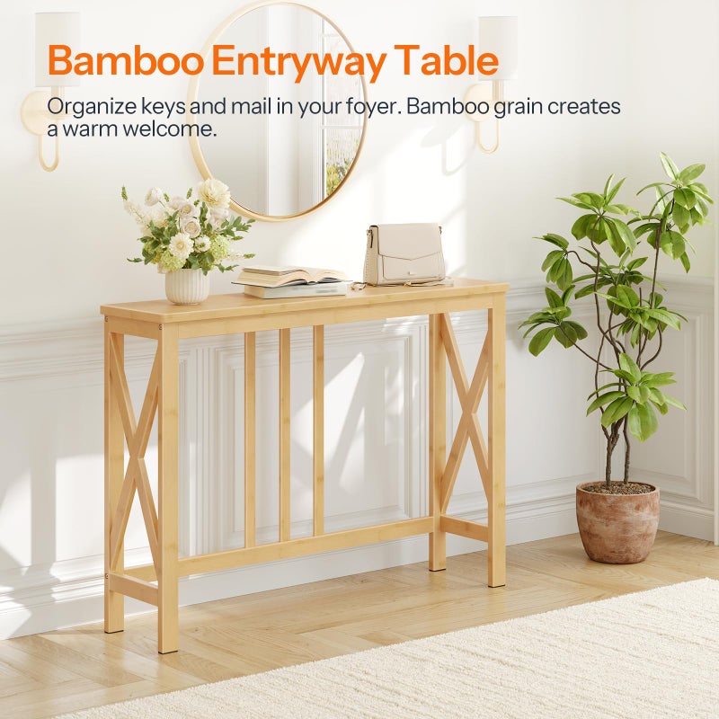 HOOBRO Console Table, 39.4" Entryway Table with X-Shaped Side Frames, Thin Sofa Table, Bamboo Modern Hallway Accent Table, for Hallway, Living Room, Natural YL107XG01 - Image 2