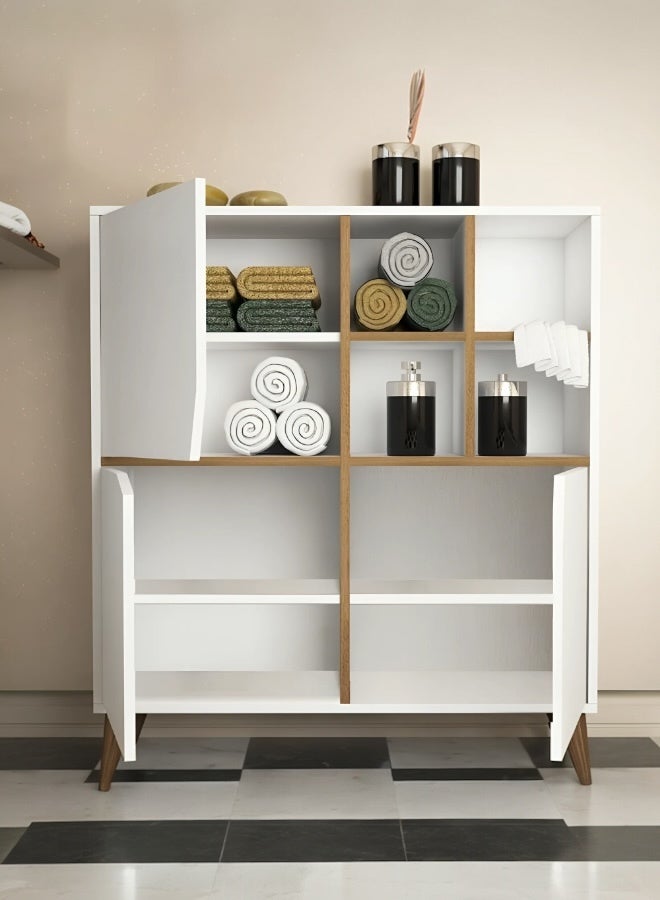 woodx Modern White Storage Cabinet with Open Shelves and Asymmetrical Doors  - Image 2