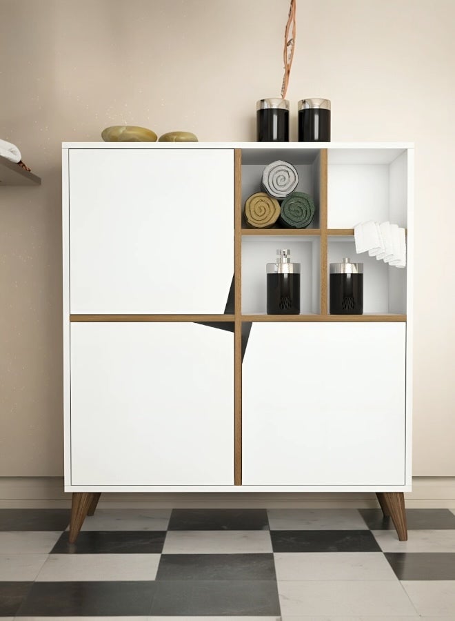 woodx Modern White Storage Cabinet with Open Shelves and Asymmetrical Doors  - Image 1