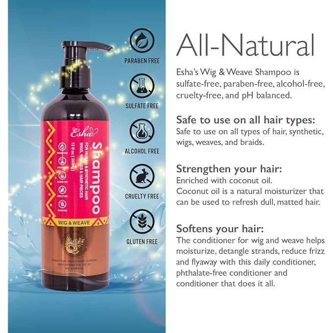 ESHA Wig & Weave Revitalizing Shampoo Human Hair & Synthetic Wigs, Weaves, Extensions & Braids I Coconut Oil Infused, Sulfate-Free I Restores Moisture & Shine, 12 fl oz - Image 3