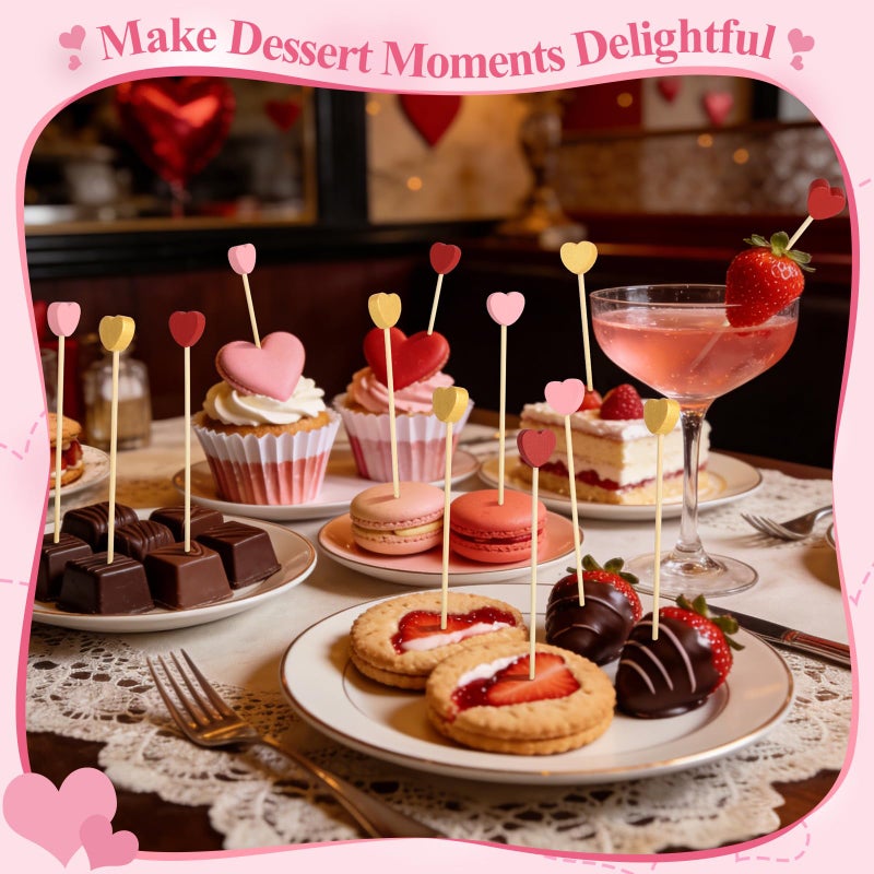 DOUDOULE Heart Cocktail Picks, Valentines Day Fancy Toothpicks for Appetizers, 4.7 IN Bamboo Fruit Skewer Wooden Charcuterie Sticks, Galentines Decor for Party Supplies Food Drinks Decorations (Red/Pink/Gold) - Image 3