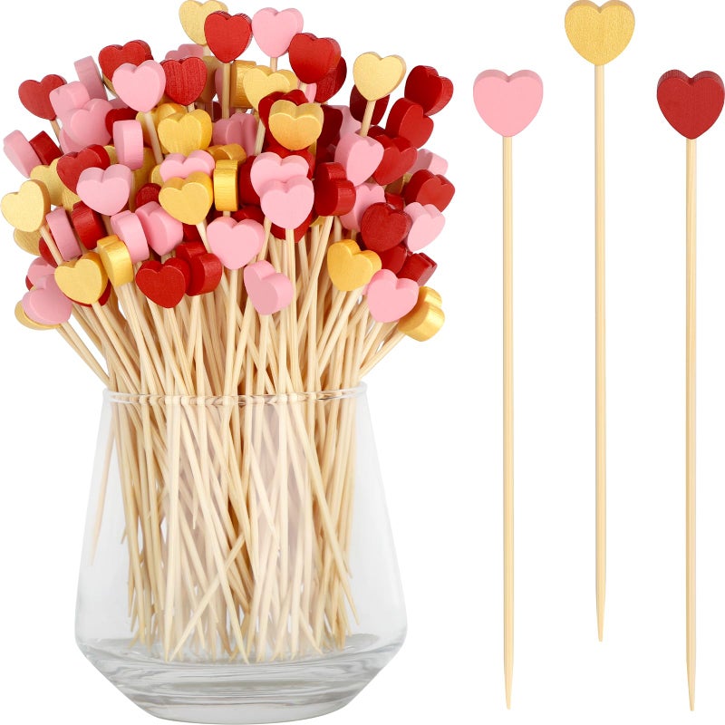 DOUDOULE Heart Cocktail Picks, Valentines Day Fancy Toothpicks for Appetizers, 4.7 IN Bamboo Fruit Skewer Wooden Charcuterie Sticks, Galentines Decor for Party Supplies Food Drinks Decorations (Red/Pink/Gold) - Image 1