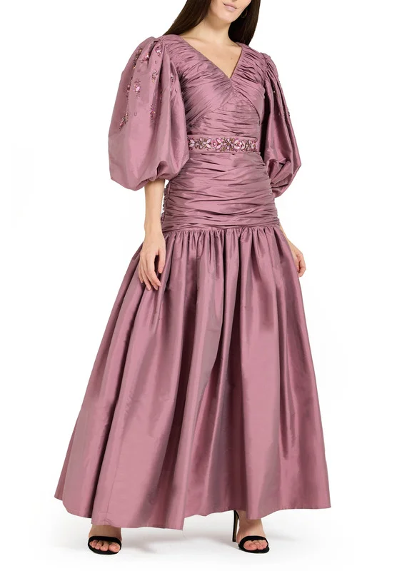 Amri Ruched Detailed Dropped Waist Dress in Taffeta