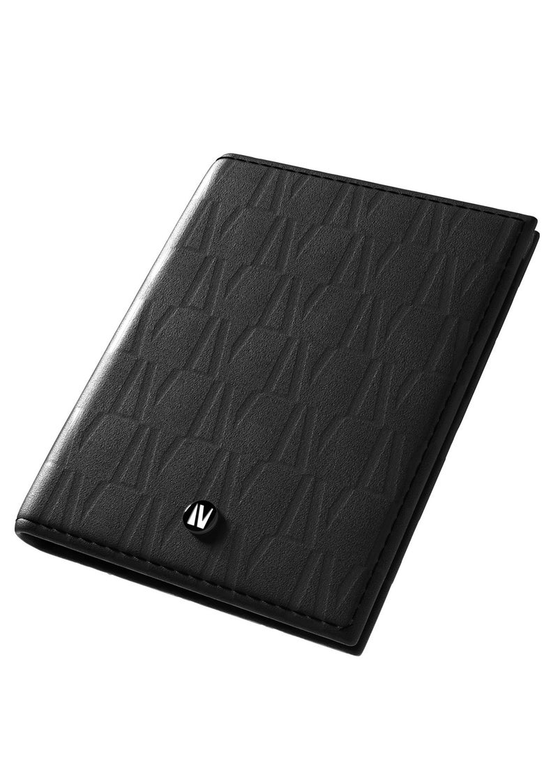LEVELO Bifold Genuine Leather With Debossed Logo Pocket Organizer / Cash & Card Slot / Compact Design / Lightweight / Multiple Compartment  - Black - Image 2