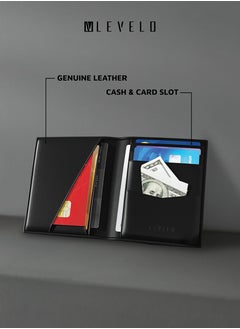 LEVELO Bifold Genuine Leather With Debossed Logo Pocket Organizer / Cash & Card Slot / Compact Design / Lightweight / Multiple Compartment  - Black  - Image 3