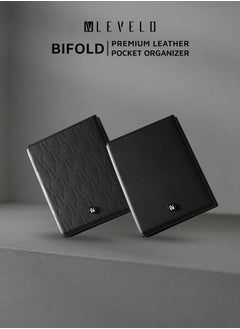 LEVELO Bifold Genuine Leather With Debossed Logo Pocket Organizer / Cash & Card Slot / Compact Design / Lightweight / Multiple Compartment  - Black  - Image 4