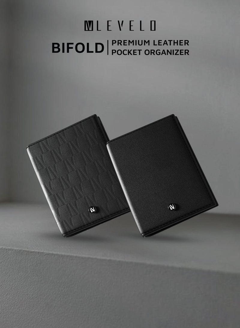 LEVELO Bifold Genuine Leather With Debossed Logo Pocket Organizer / Cash & Card Slot / Compact Design / Lightweight / Multiple Compartment  - Black - Image 4
