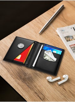 LEVELO Bifold Genuine Leather With Debossed Logo Pocket Organizer / Cash & Card Slot / Compact Design / Lightweight / Multiple Compartment  - Black  - Image 5