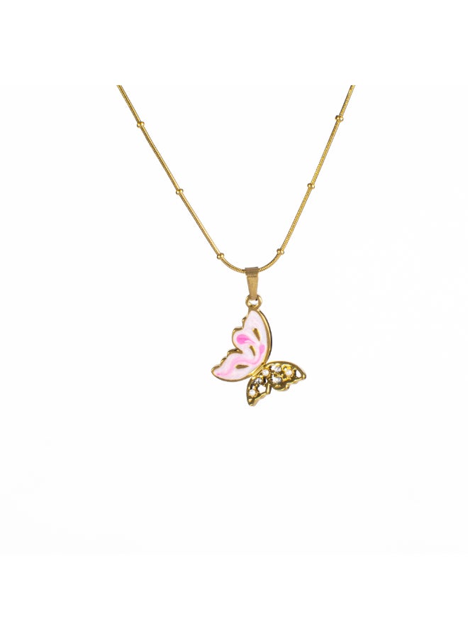 Golden Pink Zirconic Stainless Steel Butterfly Pendant Necklace