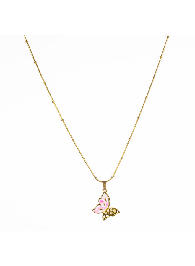 Golden Pink Zirconic Stainless Steel Butterfly Pendant Necklace