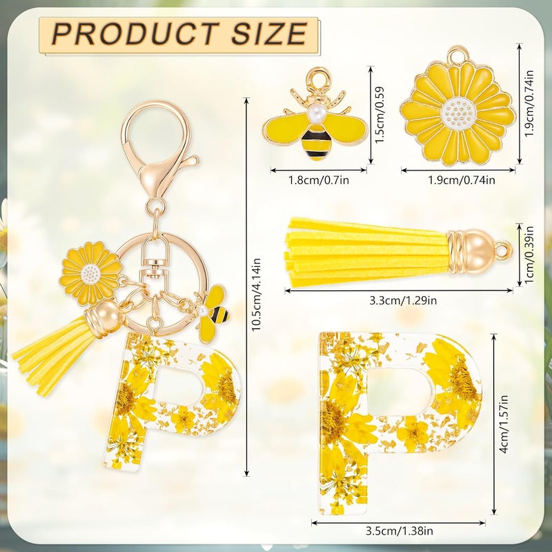 MWOOT Initial Letter P Keychain Resin Alphabet Keyrings,Yellow Petals Gold Foil Key Ring Charm with Daisy Bee Tassel Pendant,Key Chain for Women's Gift Ideas Wallet Purse Bag Handbag Decor(P) - Image 3