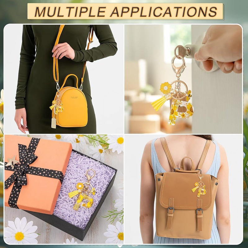 MWOOT Initial Letter P Keychain Resin Alphabet Keyrings,Yellow Petals Gold Foil Key Ring Charm with Daisy Bee Tassel Pendant,Key Chain for Women's Gift Ideas Wallet Purse Bag Handbag Decor(P) - Image 4