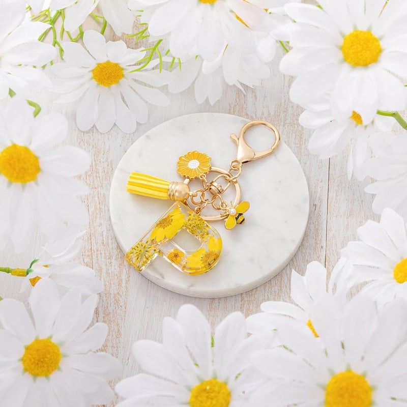 MWOOT Initial Letter P Keychain Resin Alphabet Keyrings,Yellow Petals Gold Foil Key Ring Charm with Daisy Bee Tassel Pendant,Key Chain for Women's Gift Ideas Wallet Purse Bag Handbag Decor(P) - Image 2