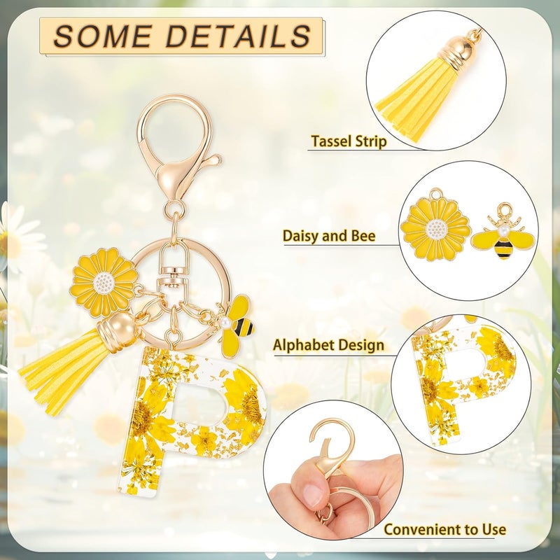 MWOOT Initial Letter P Keychain Resin Alphabet Keyrings,Yellow Petals Gold Foil Key Ring Charm with Daisy Bee Tassel Pendant,Key Chain for Women's Gift Ideas Wallet Purse Bag Handbag Decor(P) - Image 5