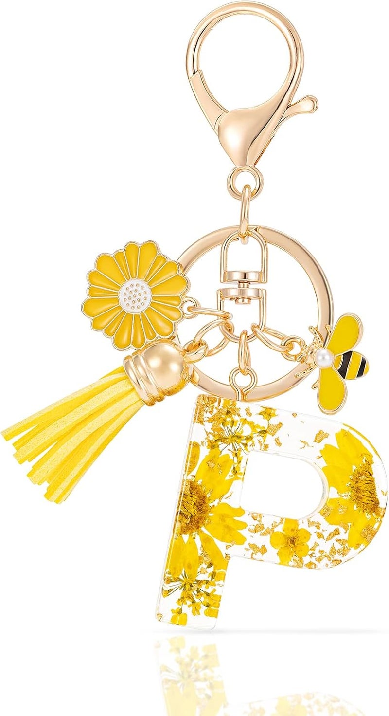 MWOOT Initial Letter P Keychain Resin Alphabet Keyrings,Yellow Petals Gold Foil Key Ring Charm with Daisy Bee Tassel Pendant,Key Chain for Women's Gift Ideas Wallet Purse Bag Handbag Decor(P) - Image 1