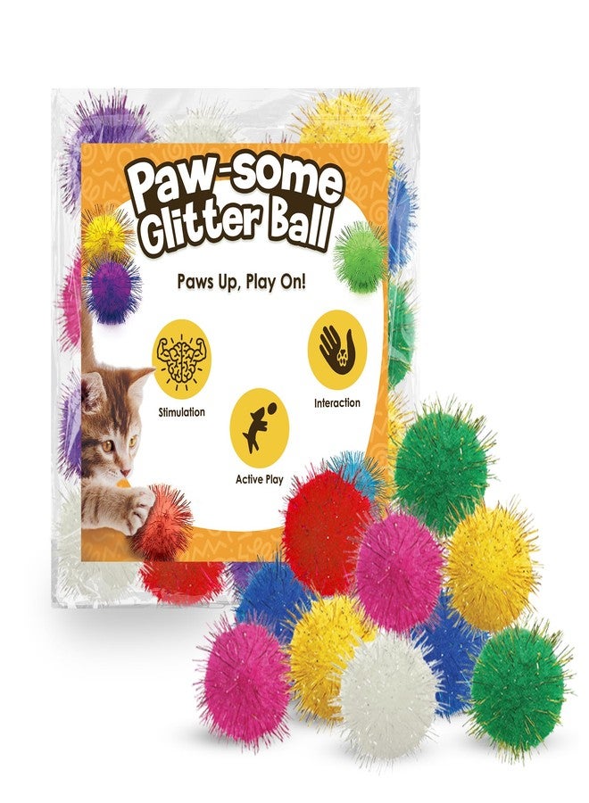 SunGrow Cat Pom Pom Balls, 20 Multi-Colored Shiny Enrichment Tinsel Pom Poms, 1” Tight Woven Yarn, Fuzzy Flash Balls for Indoor Kitten, Assorted Soft Glitter Orbs for Feline's Body and Brain Workout - Image 1