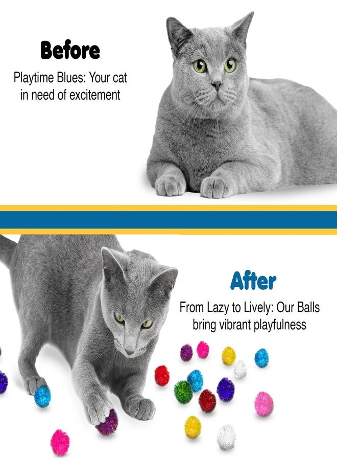 SunGrow Cat Pom Pom Balls, 20 Multi-Colored Shiny Enrichment Tinsel Pom Poms, 1” Tight Woven Yarn, Fuzzy Flash Balls for Indoor Kitten, Assorted Soft Glitter Orbs for Feline's Body and Brain Workout - Image 5