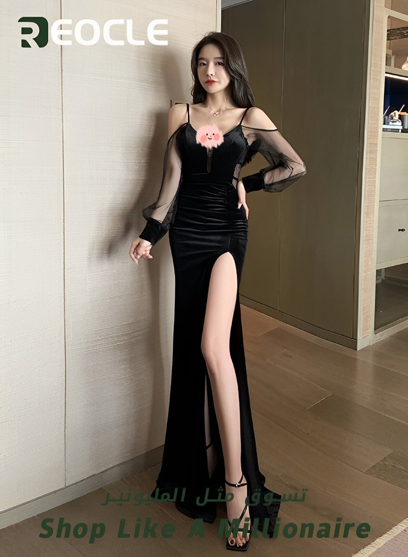 REOCLE Deep V Low-cut Mesh Dress See-through Floor-length Suspender Long Skirt Temperament Slim Slit Velvet Evening Dress KTV Dress - Image 2