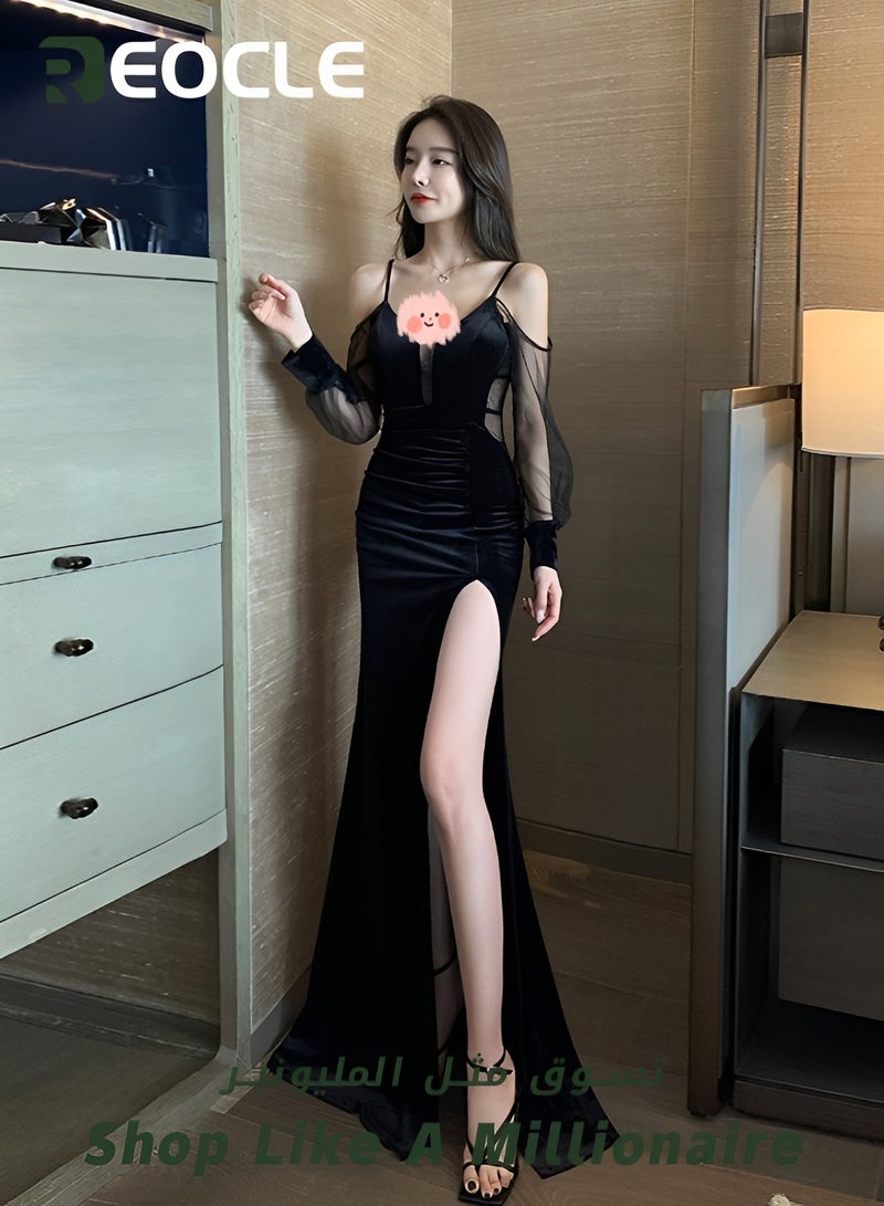REOCLE Deep V Low-cut Mesh Dress See-through Floor-length Suspender Long Skirt Temperament Slim Slit Velvet Evening Dress KTV Dress - Image 3