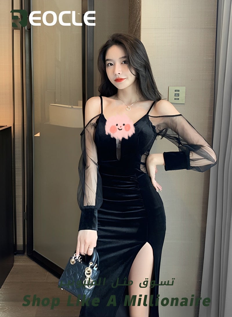 REOCLE Deep V Low-cut Mesh Dress See-through Floor-length Suspender Long Skirt Temperament Slim Slit Velvet Evening Dress KTV Dress - Image 5