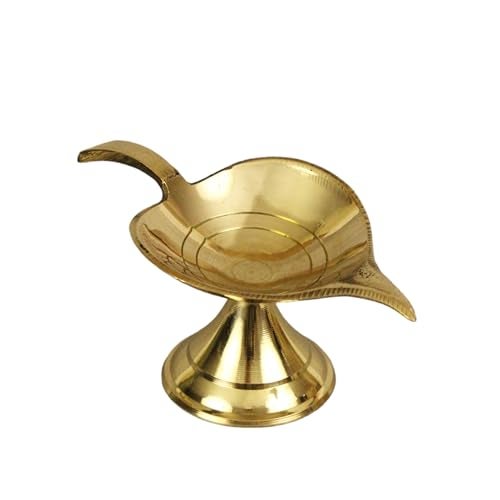 Spillbox Brass Diya for Puja | Pooja Aarti | Arti Deepak Deepam Oil Lamp for Diwali, Aarti & Home Mandir, Home Temple Puja Articles Decor Gifts - Leaf Deep - Image 1