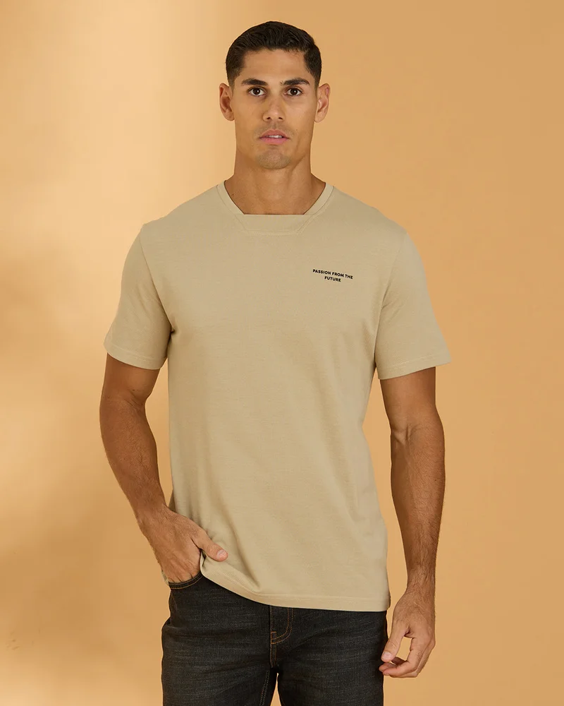 Redtag Men Beige Plain T-Shirt