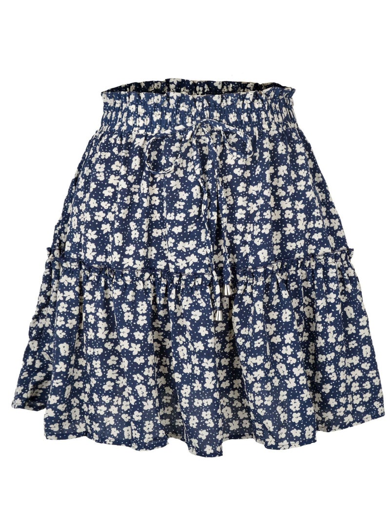 Loquat Women's Summer Cute High Waist Ruffle Skirt Floral Print Swing Beach Mini Skirt Navy Blue/White 