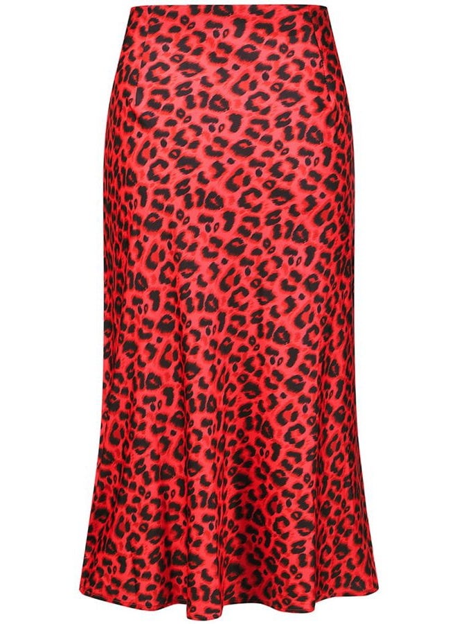 Keasmto Leopard Skirt for Women Midi Length High Waist Silk Satin Elasticized Cheetah A Line Summer Casual Ladies Skirts Red L - Image 2