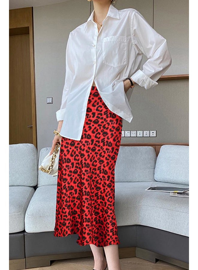 Keasmto Leopard Skirt for Women Midi Length High Waist Silk Satin Elasticized Cheetah A Line Summer Casual Ladies Skirts Red L - Image 5