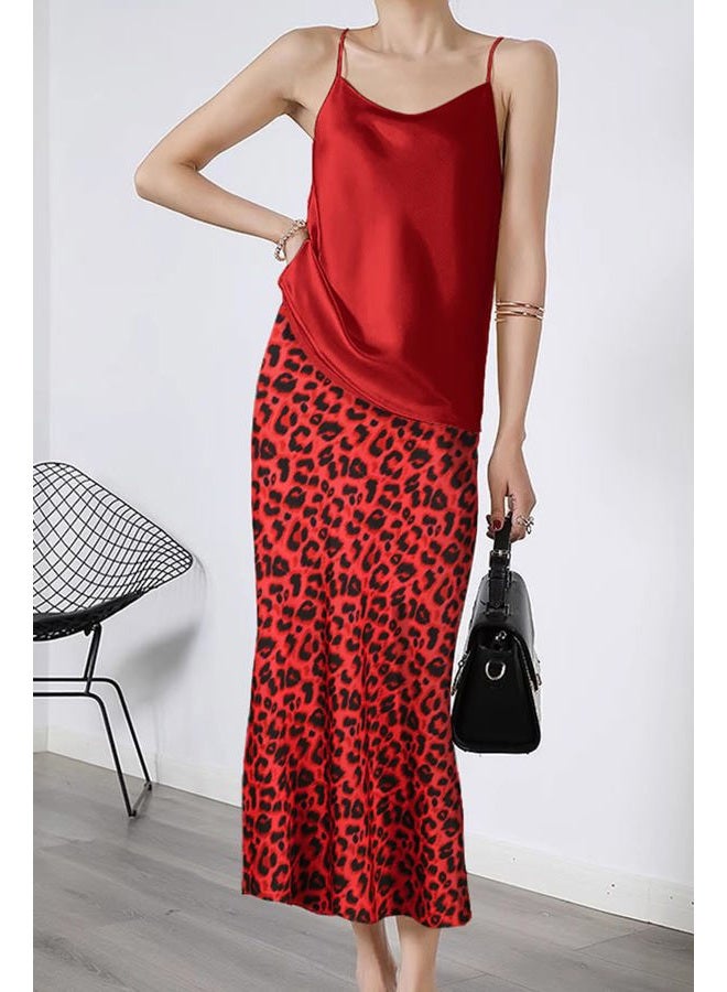 Keasmto Leopard Skirt for Women Midi Length High Waist Silk Satin Elasticized Cheetah A Line Summer Casual Ladies Skirts Red L - Image 4
