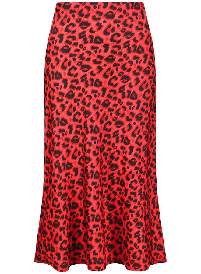 Keasmto Leopard Skirt for Women Midi Length High Waist Silk Satin Elasticized Cheetah A Line Summer Casual Ladies Skirts Red L - Image 1