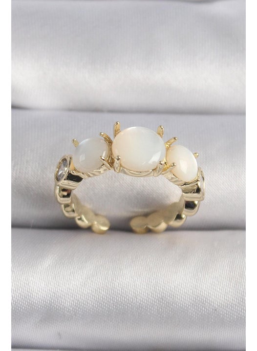 Brass Gold Color Zircon Stone Detailed White Pearl VIP Series Women's Ring