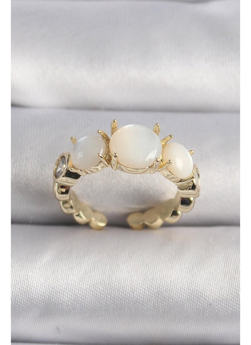 Xsay - Brass Gold Color Zircon Stone Detailed White Pearl VIP Series Women's Ring - Image 1