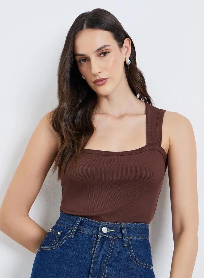 Styli Women Brown Sleeveless Square Neck Bodysuit