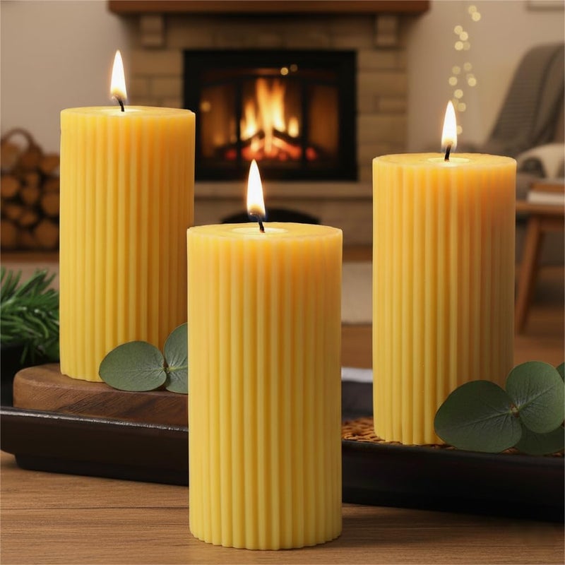 Devi 3 Pack Pure Beeswax Pillar Candles Bulk, Organic Ribbed Bees Wax Decorative Candles for Home Decor-1.96x3.85 Inch, Unscented Long Burning Natural Bees Wax Pillar Bulk Aesthetic Candles-105 Hours - Image 1