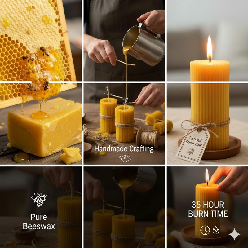Devi 3 Pack Pure Beeswax Pillar Candles Bulk, Organic Ribbed Bees Wax Decorative Candles for Home Decor-1.96x3.85 Inch, Unscented Long Burning Natural Bees Wax Pillar Bulk Aesthetic Candles-105 Hours - Image 4