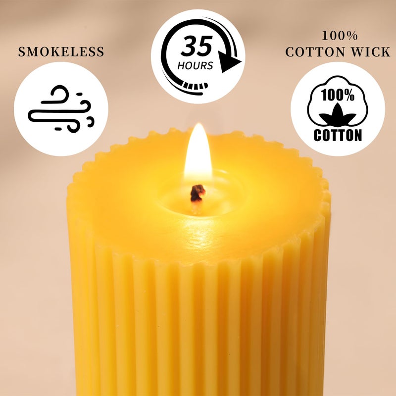 Devi 3 Pack Pure Beeswax Pillar Candles Bulk, Organic Ribbed Bees Wax Decorative Candles for Home Decor-1.96x3.85 Inch, Unscented Long Burning Natural Bees Wax Pillar Bulk Aesthetic Candles-105 Hours - Image 3